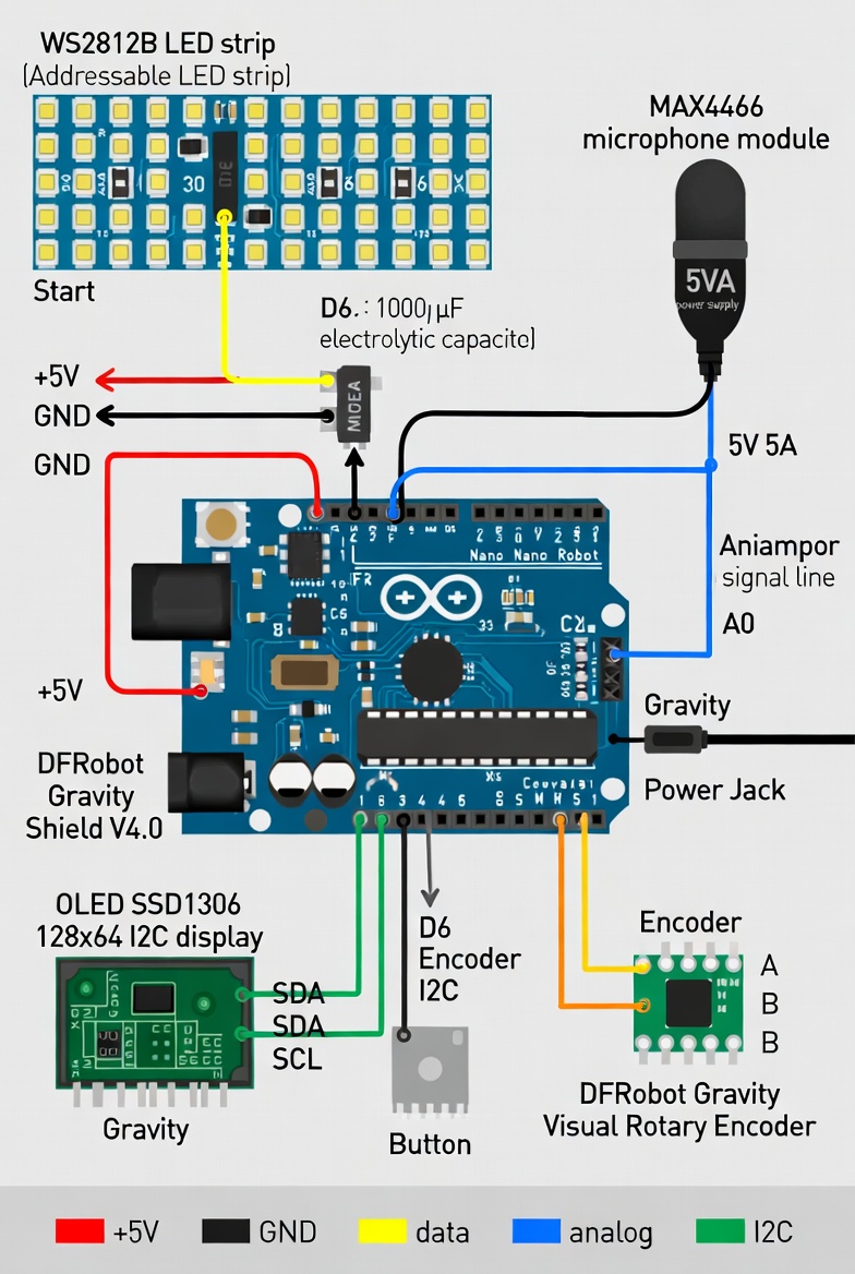 Schéma de câblage CoreLight avec Arduino, bande LED WS2812B et alimentation